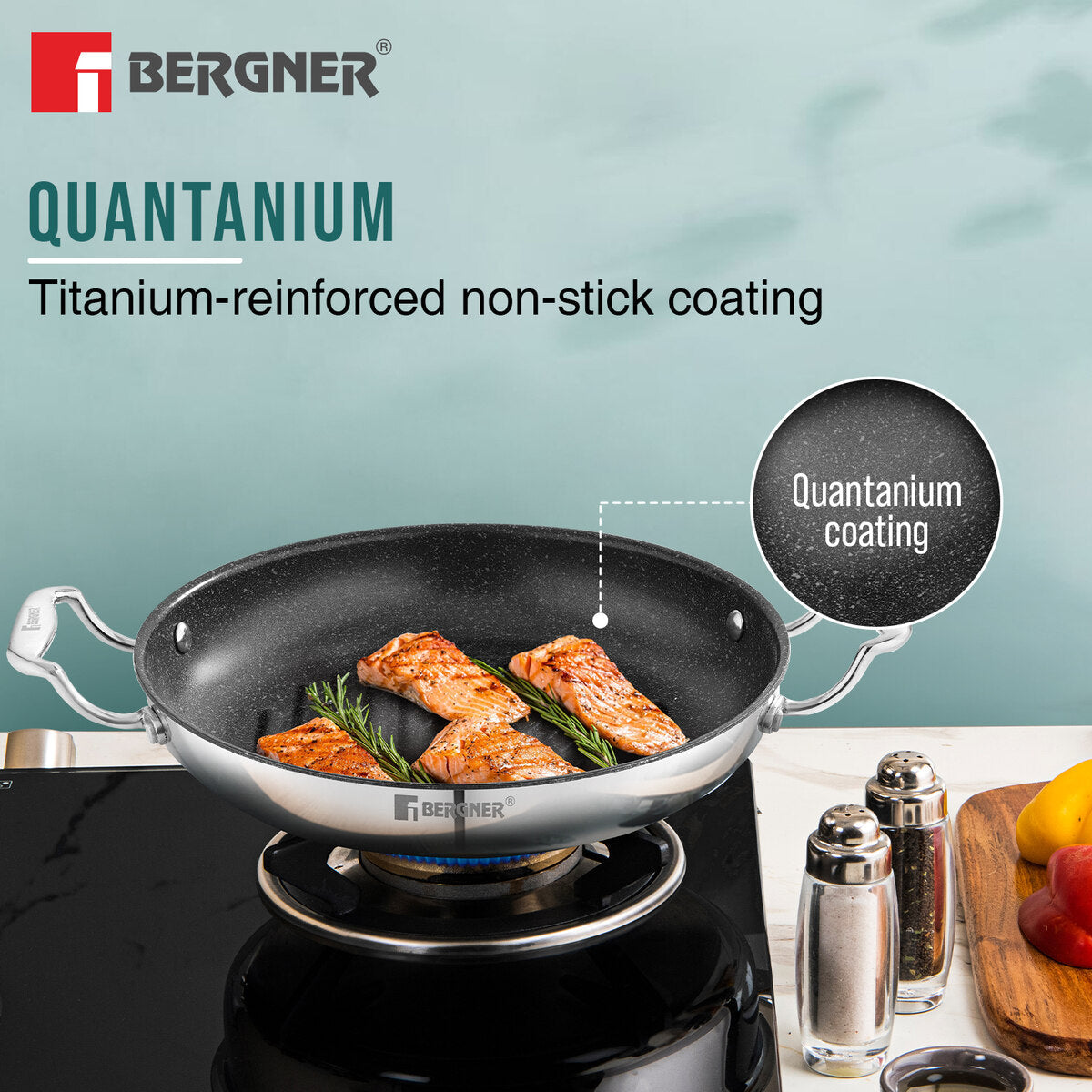 BERGNER Argent Samsara Triply Stainless Steel 26cm Round Grill Pan with Quantanium Non-Stick Coating, Consumes Less Oil, Healthy Cooking, Even and Fast Heating, Easy to Clean - Induction Compatible