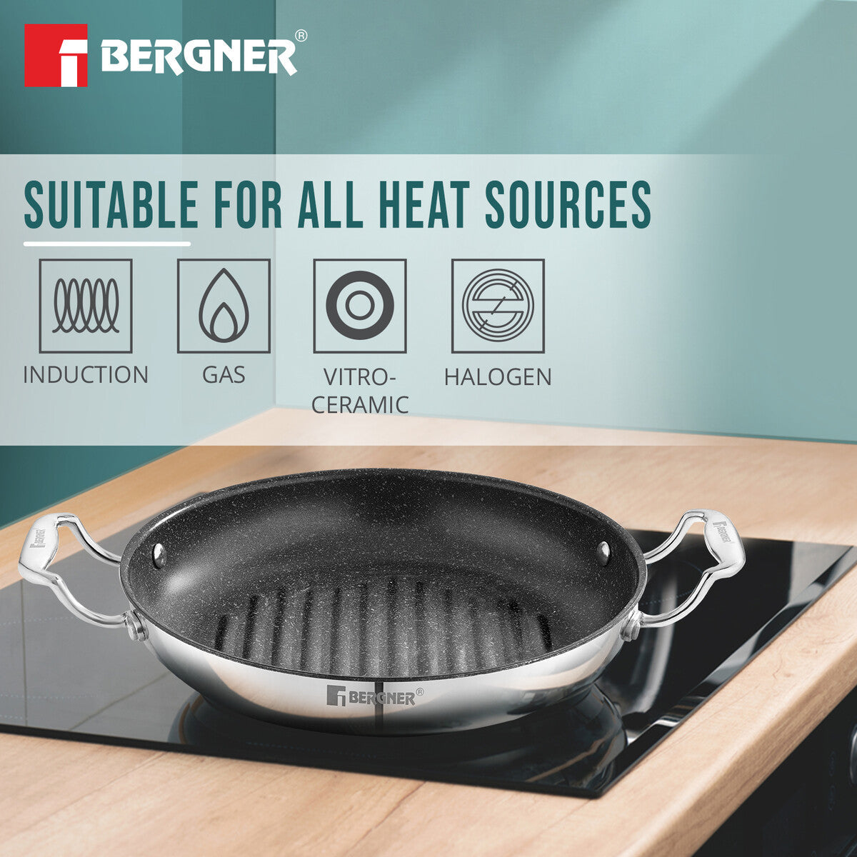 BERGNER Argent Samsara Triply Stainless Steel 26cm Round Grill Pan with Quantanium Non-Stick Coating, Consumes Less Oil, Healthy Cooking, Even and Fast Heating, Easy to Clean - Induction Compatible