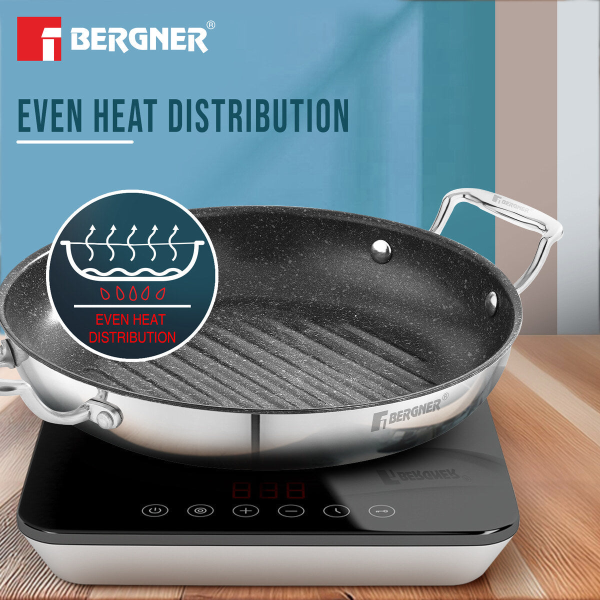 BERGNER Argent Samsara Triply Stainless Steel 26cm Round Grill Pan with Quantanium Non-Stick Coating, Consumes Less Oil, Healthy Cooking, Even and Fast Heating, Easy to Clean - Induction Compatible