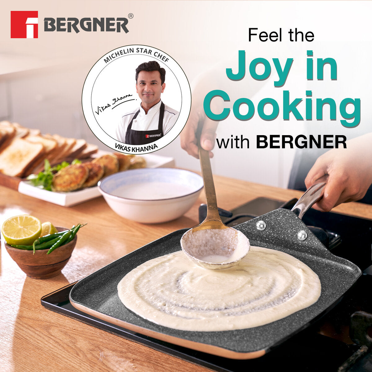 BERGNER Argent Samsara Triply Stainless Steel 27cm Square Multi Tawa with Quantanium Non-Stick Coating, Consumes Less Oil, Healthy Cooking, Even and Fast Heating, Easy to Clean - Induction Compatible