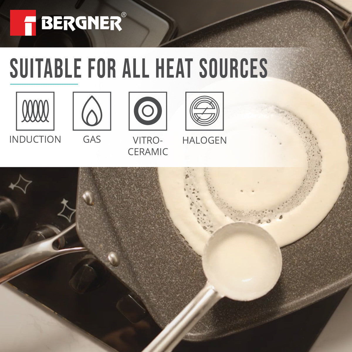 BERGNER Argent Samsara Triply Stainless Steel 27cm Square Multi Tawa with Quantanium Non-Stick Coating, Consumes Less Oil, Healthy Cooking, Even and Fast Heating, Easy to Clean - Induction Compatible