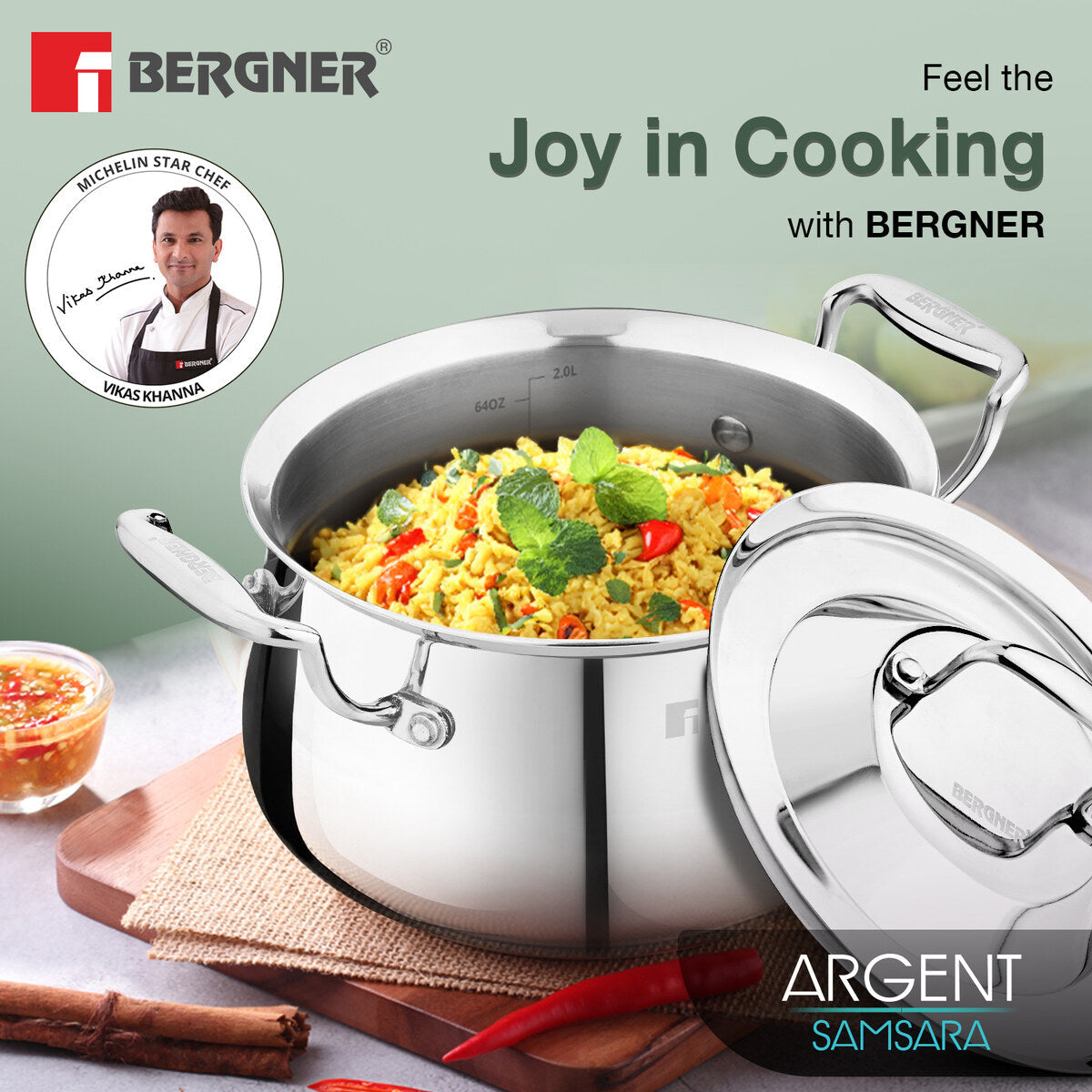 Bergner Argent Samsara Triply Stainless Steel 18cm (2.8 L) Biryani Handi, Cook and Serve Belly Shape Rice Handi, Consumes Less Oil, Healthy Cooking, Even and Faster Heating - Induction Bottom