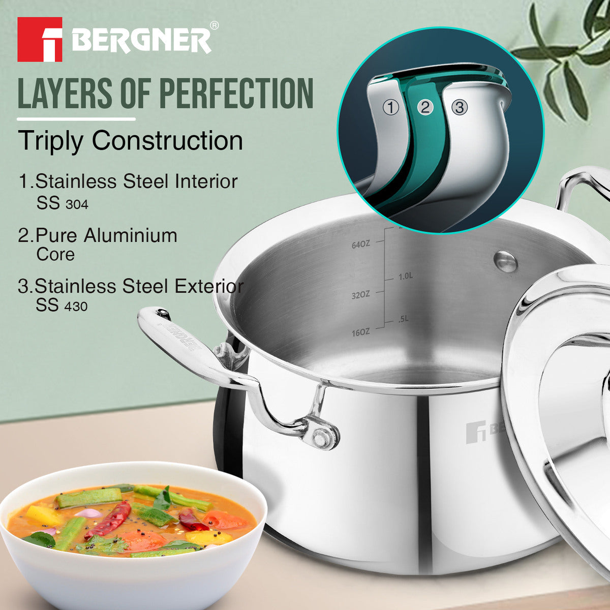 Bergner Argent Samsara Triply Stainless Steel 18cm (2.8 L) Biryani Handi, Cook and Serve Belly Shape Rice Handi, Consumes Less Oil, Healthy Cooking, Even and Faster Heating - Induction Bottom