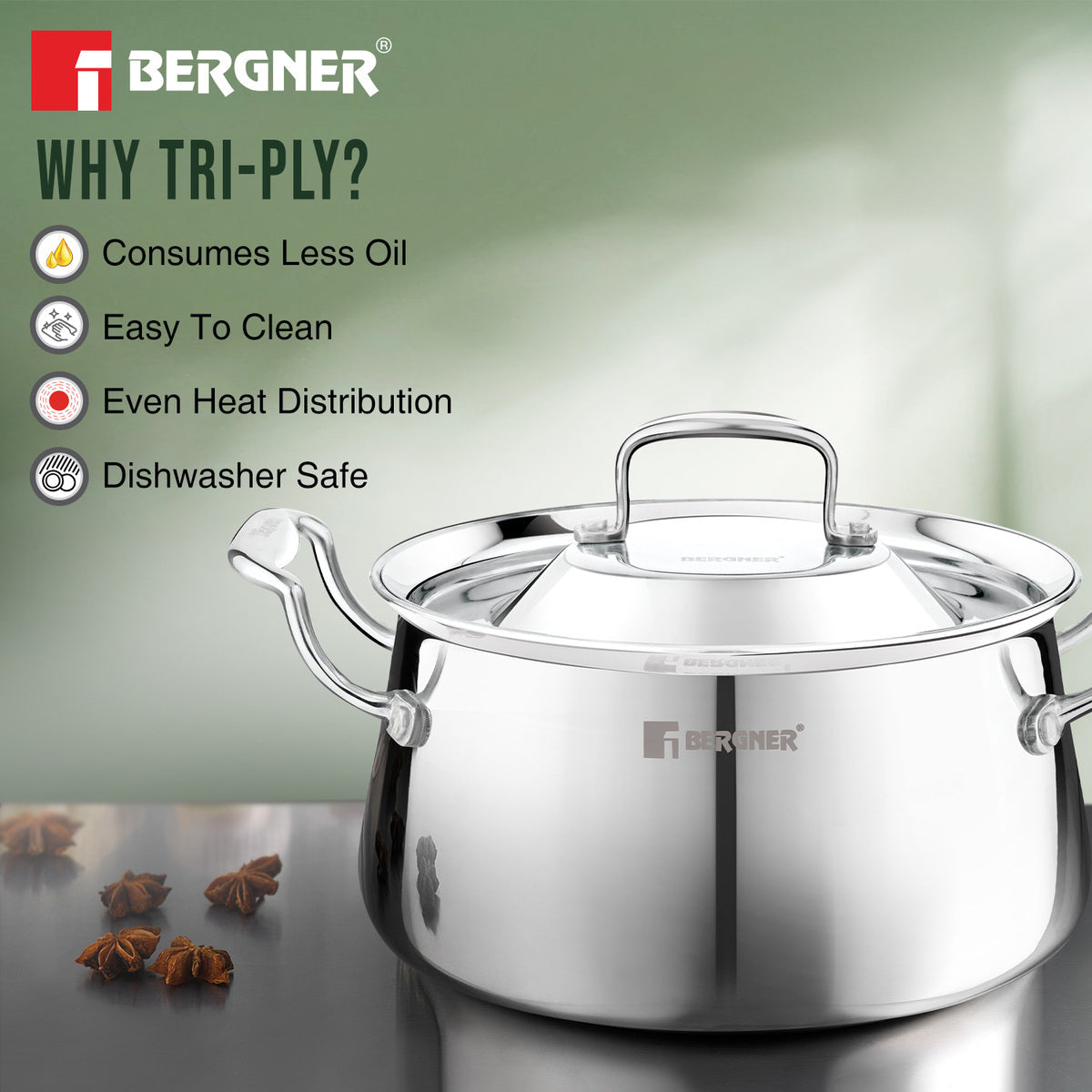 Bergner Argent Samsara Triply Stainless Steel 18cm (2.8 L) Biryani Handi, Cook and Serve Belly Shape Rice Handi, Consumes Less Oil, Healthy Cooking, Even and Faster Heating - Induction Bottom