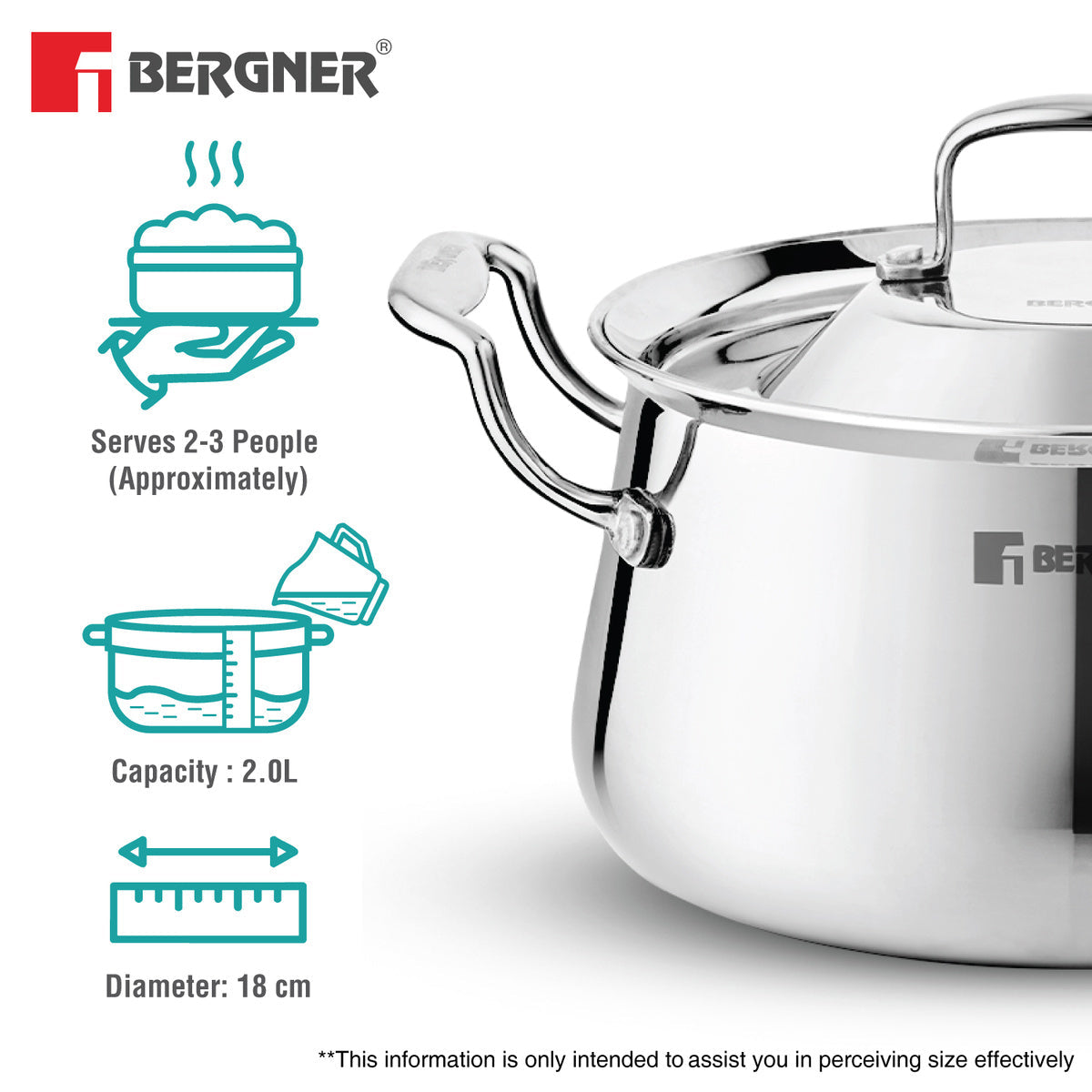 Bergner Argent Samsara Triply Stainless Steel 18cm (2.8 L) Biryani Handi, Cook and Serve Belly Shape Rice Handi, Consumes Less Oil, Healthy Cooking, Even and Faster Heating - Induction Bottom