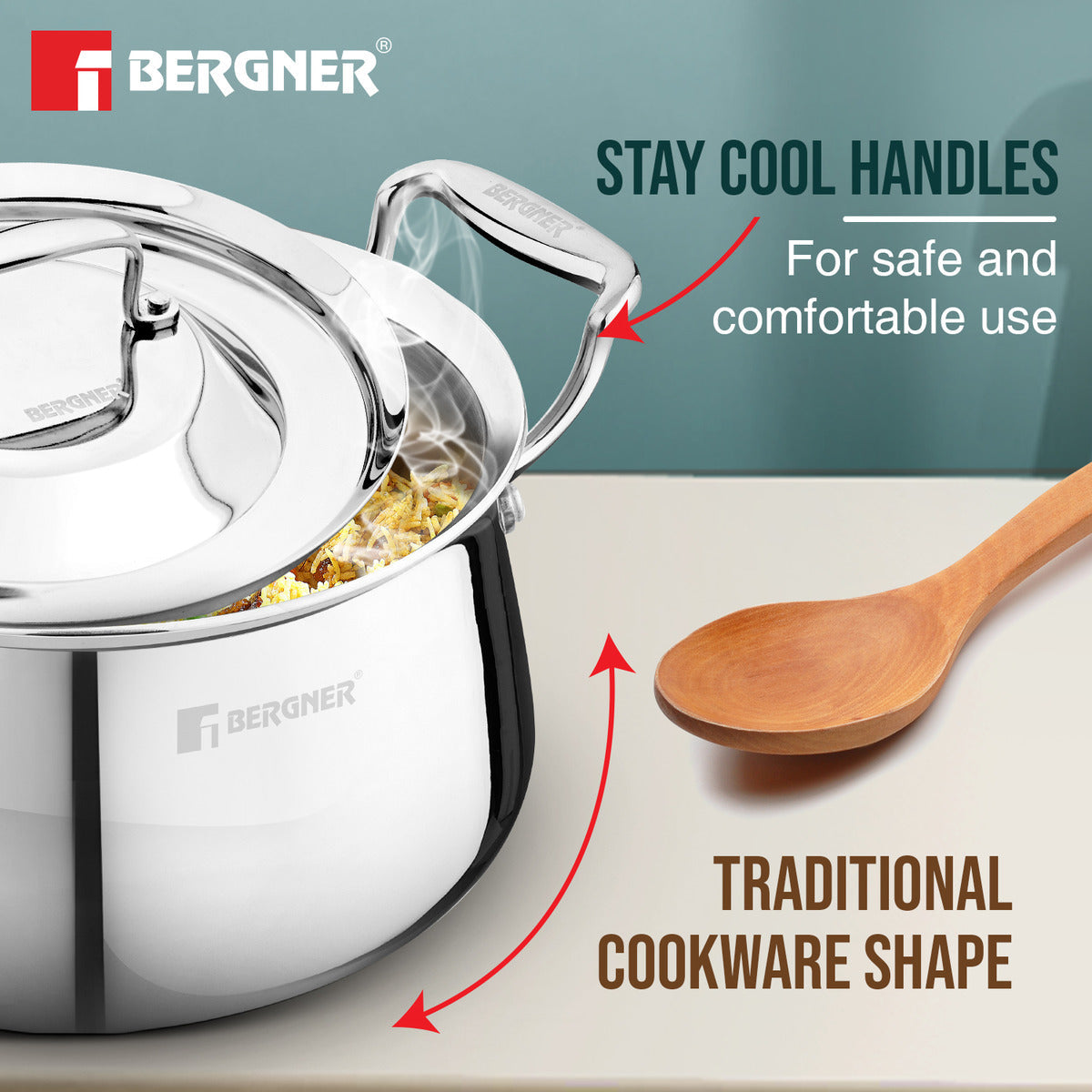 Bergner Argent Samsara Triply Stainless Steel 22cm (4.5 L) Biryani Handi, Cook and Serve Belly Shape Rice Handi, Consumes Less Oil, Healthy Cooking, Even and Faster Heating - Induction Bottom