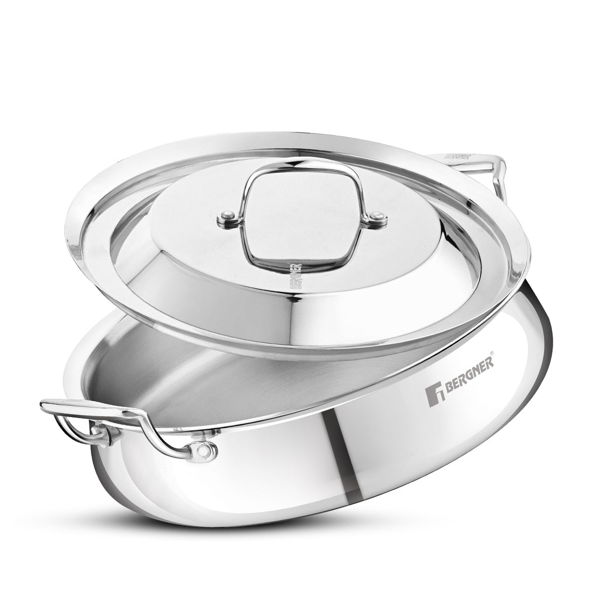 Bergner Argent Samsara Triply Stainless Steel 28cm (4.25 L) Biryani Handi/Cook & Serve Belly Shape Shallow Rice Handi, Consumes Less Oil, Healthy Cooking, Even and Faster Heating - Induction Bottom