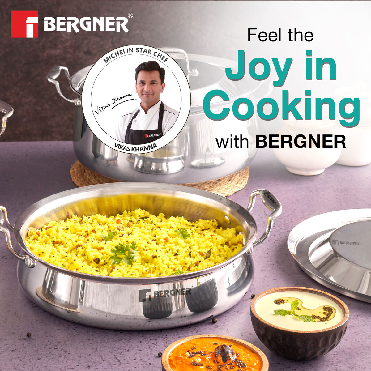 Bergner Argent Samsara Triply Stainless Steel 28cm (4.25 L) Biryani Handi/Cook & Serve Belly Shape Shallow Rice Handi, Consumes Less Oil, Healthy Cooking, Even and Faster Heating - Induction Bottom