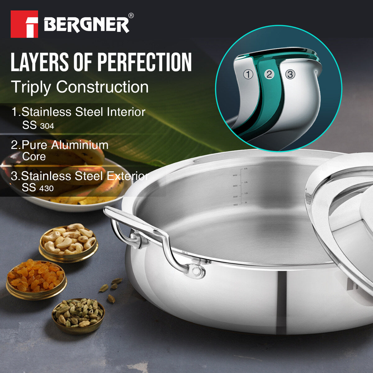 Bergner Argent Samsara Triply Stainless Steel 28cm (4.25 L) Biryani Handi/Cook & Serve Belly Shape Shallow Rice Handi, Consumes Less Oil, Healthy Cooking, Even and Faster Heating - Induction Bottom