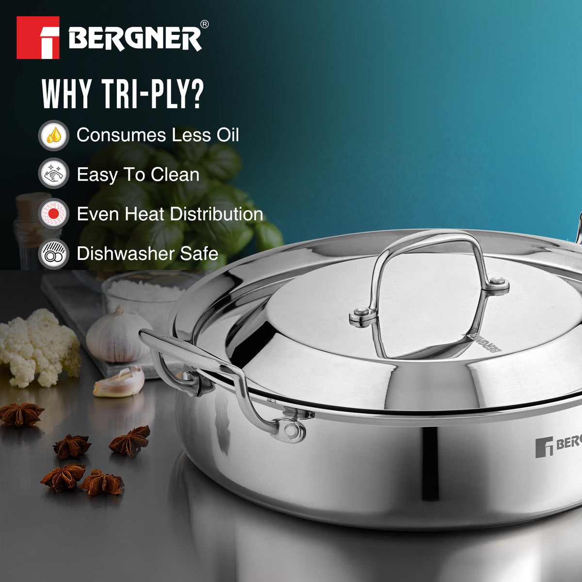 Bergner Argent Samsara Triply Stainless Steel 28cm (4.25 L) Biryani Handi/Cook & Serve Belly Shape Shallow Rice Handi, Consumes Less Oil, Healthy Cooking, Even and Faster Heating - Induction Bottom