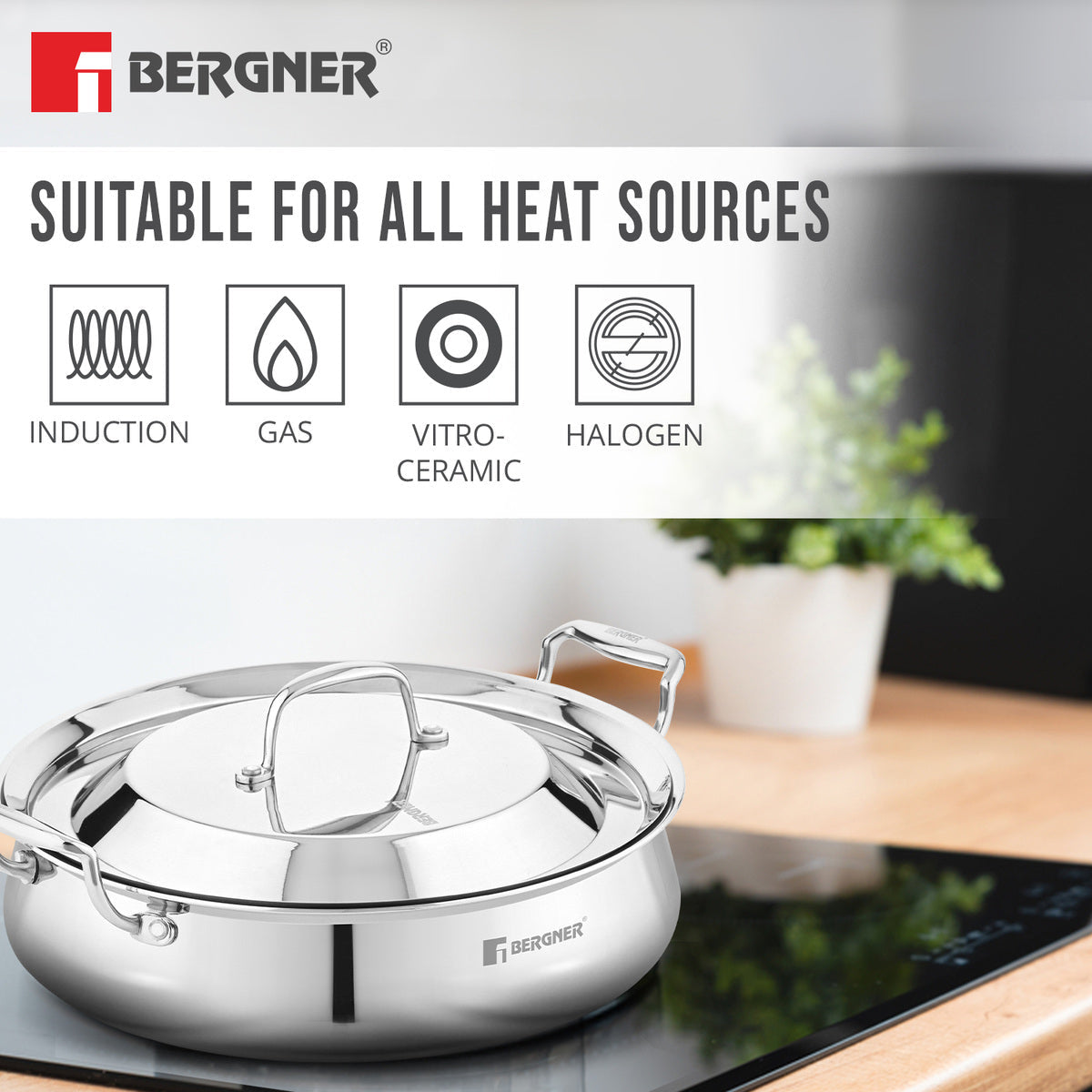 Bergner Argent Samsara Triply Stainless Steel 28cm (4.25 L) Biryani Handi/Cook & Serve Belly Shape Shallow Rice Handi, Consumes Less Oil, Healthy Cooking, Even and Faster Heating - Induction Bottom