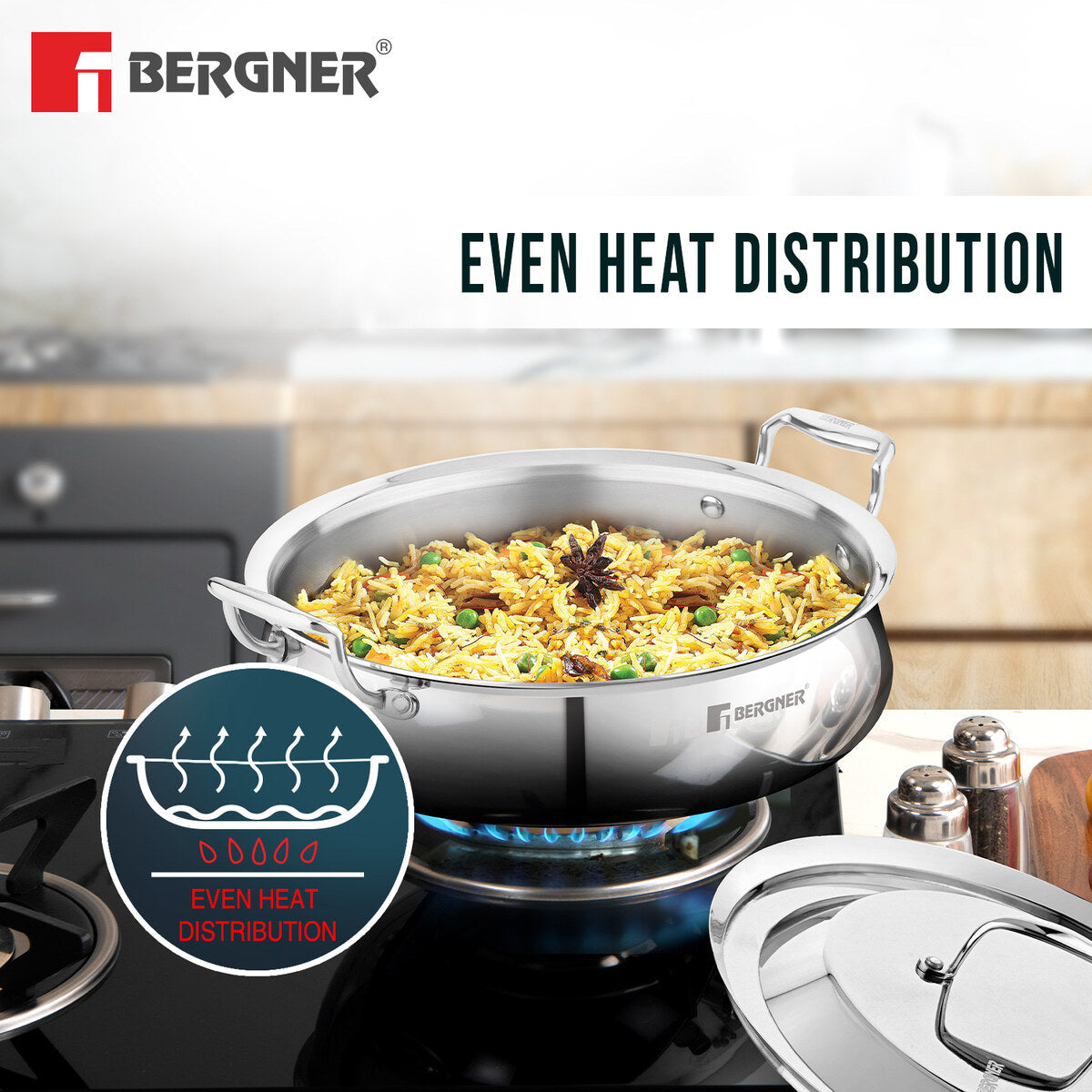 Bergner Argent Samsara Triply Stainless Steel 28cm (4.25 L) Biryani Handi/Cook & Serve Belly Shape Shallow Rice Handi, Consumes Less Oil, Healthy Cooking, Even and Faster Heating - Induction Bottom