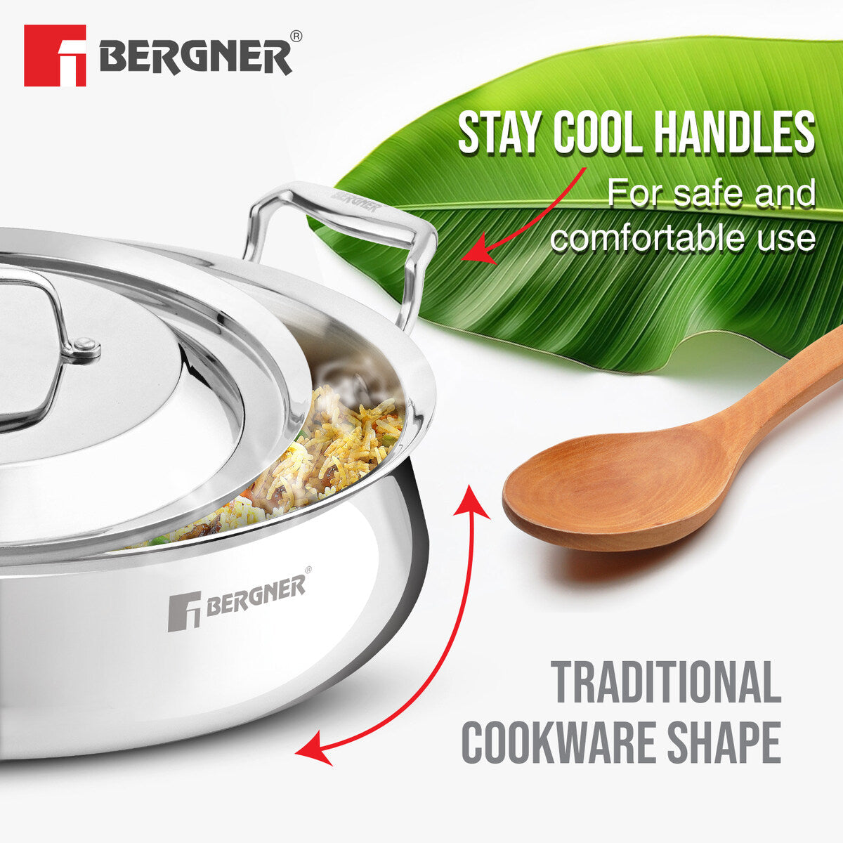 Bergner Argent Samsara Triply Stainless Steel 28cm (4.25 L) Biryani Handi/Cook & Serve Belly Shape Shallow Rice Handi, Consumes Less Oil, Healthy Cooking, Even and Faster Heating - Induction Bottom