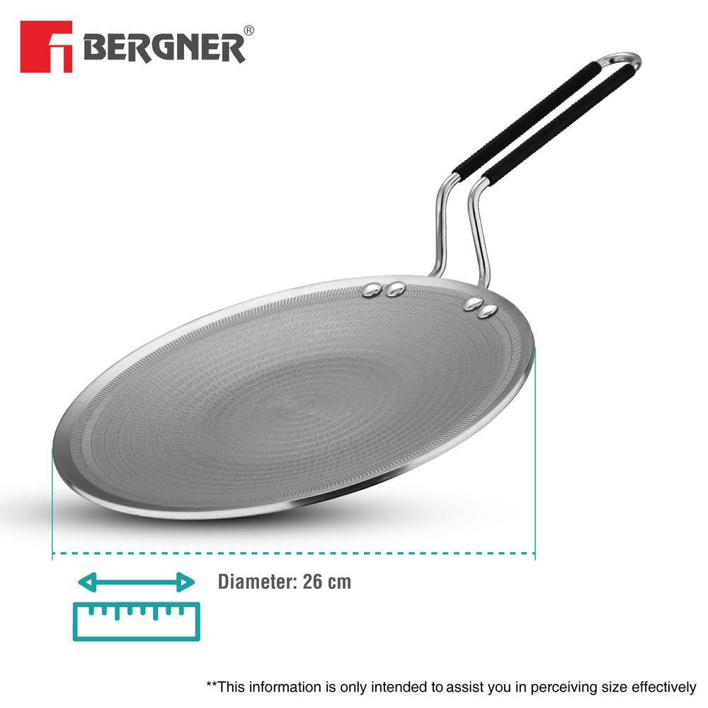 BERGNER Hi-Tech Giro X Ceramic 26cm Roti Tawa, Triply Roti Tawa with Ceramic Coating, PFOA/PTFE/PFAS Free, Non-Toxic, Healthy Cooking, Stay Cool Handle, Pan Protector Included - Induction Bottom