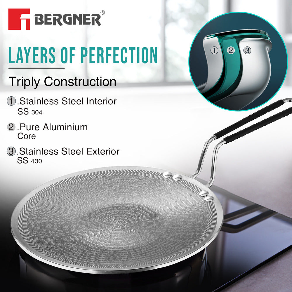 BERGNER Hi-Tech Giro X Ceramic 28cm Roti Tawa, Triply Roti Tawa with Ceramic Coating, PFOA/PTFE/PFAS Free, Non-Toxic, Healthy Cooking, Stay Cool Handle, Pan Protector Included - Induction Bottom