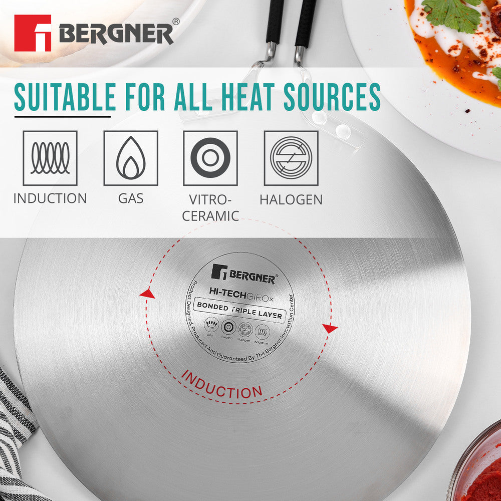 BERGNER Hi-Tech Giro X Ceramic 28cm Roti Tawa, Triply Roti Tawa with Ceramic Coating, PFOA/PTFE/PFAS Free, Non-Toxic, Healthy Cooking, Stay Cool Handle, Pan Protector Included - Induction Bottom