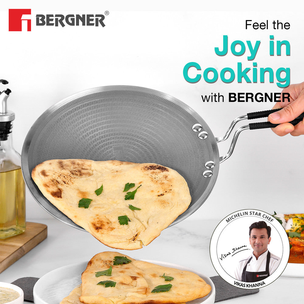 BERGNER Hi-Tech Giro X Ceramic 28cm Roti Tawa, Triply Roti Tawa with Ceramic Coating, PFOA/PTFE/PFAS Free, Non-Toxic, Healthy Cooking, Stay Cool Handle, Pan Protector Included - Induction Bottom