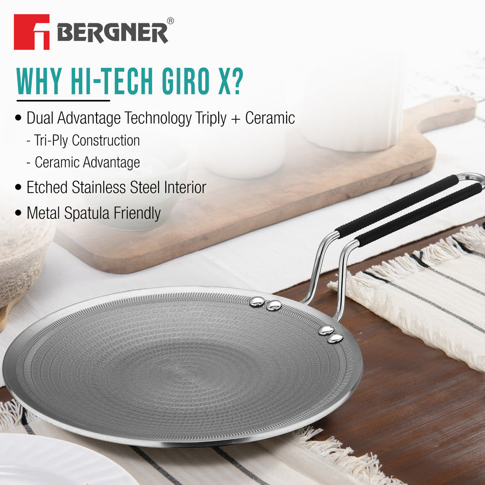 BERGNER Hi-Tech Giro X Ceramic 28cm Roti Tawa, Triply Roti Tawa with Ceramic Coating, PFOA/PTFE/PFAS Free, Non-Toxic, Healthy Cooking, Stay Cool Handle, Pan Protector Included - Induction Bottom