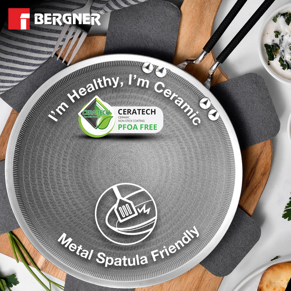 BERGNER Hi-Tech Giro X Ceramic 28cm Roti Tawa, Triply Roti Tawa with Ceramic Coating, PFOA/PTFE/PFAS Free, Non-Toxic, Healthy Cooking, Stay Cool Handle, Pan Protector Included - Induction Bottom