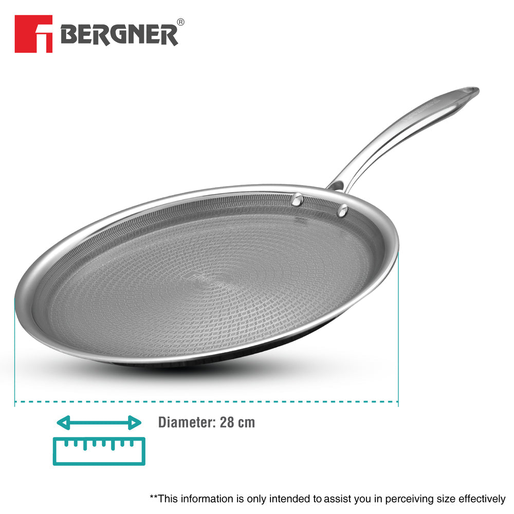 BERGNER Hi-Tech Giro X Ceramic 28cm Dosa Tawa, Triply Dosa Tawa with Ceramic Coating, PFOA/PTFE/PFAS Free, Non-Toxic, Healthy Cooking, Stay Cool Handle, Pan Protector Included - Induction Bottom