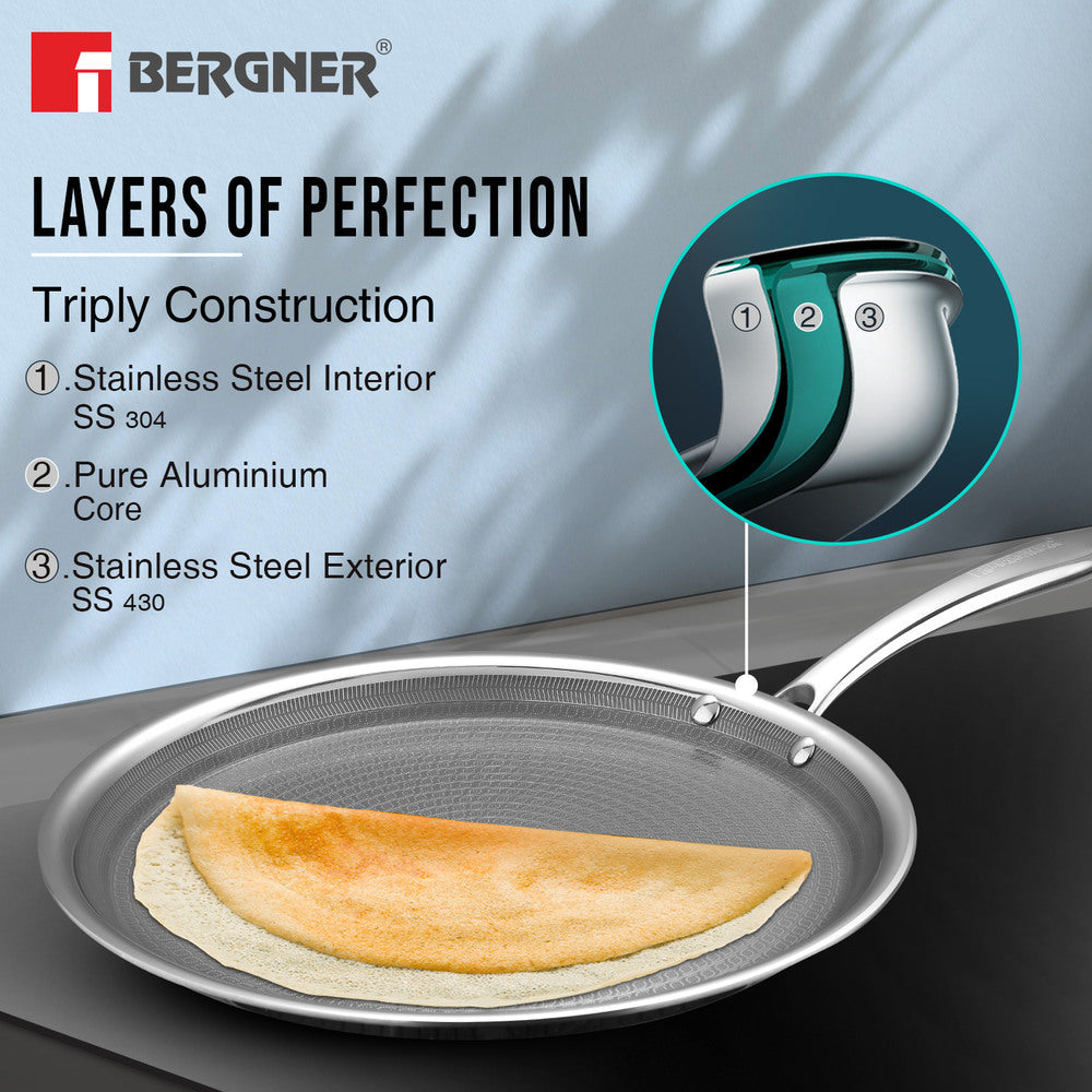BERGNER Hi-Tech Giro X Ceramic 28cm Dosa Tawa, Triply Dosa Tawa with Ceramic Coating, PFOA/PTFE/PFAS Free, Non-Toxic, Healthy Cooking, Stay Cool Handle, Pan Protector Included - Induction Bottom