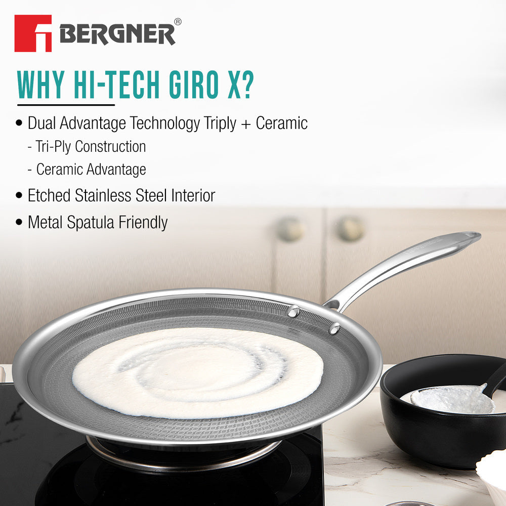 BERGNER Hi-Tech Giro X Ceramic 30cm Dosa Tawa, Triply Dosa Tawa with Ceramic Coating, PFOA/PTFE/PFAS Free, Non-Toxic, Healthy Cooking, Stay Cool Handle, Pan Protector Included - Induction Bottom