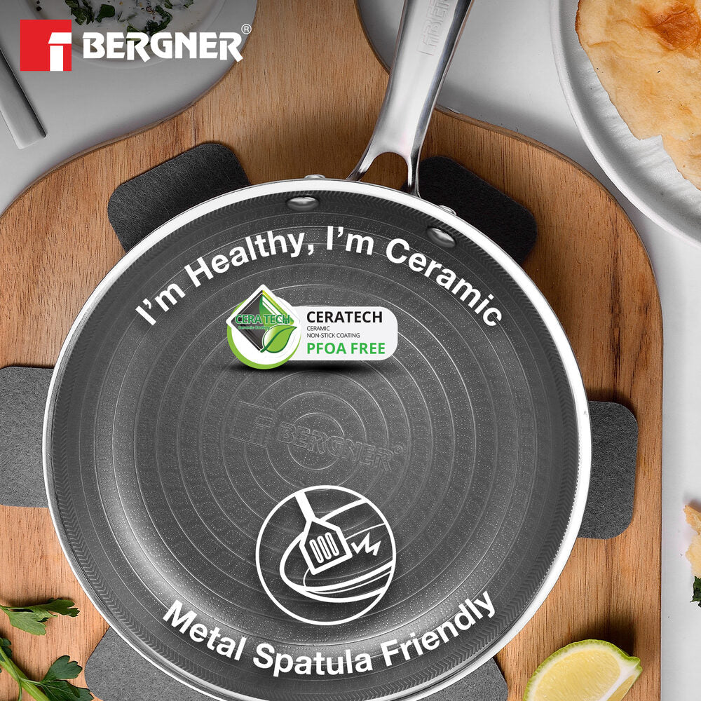 BERGNER Hi-Tech Giro x Triply with Honeycomb Healthy Ceramic Coating 18cm Frypan, Stay Cool Handle, Metal Spatula Safe, PFOA/PTFE/PFAS Free, Healthy Cooking, Pan Protector Included - Induction Bottom
