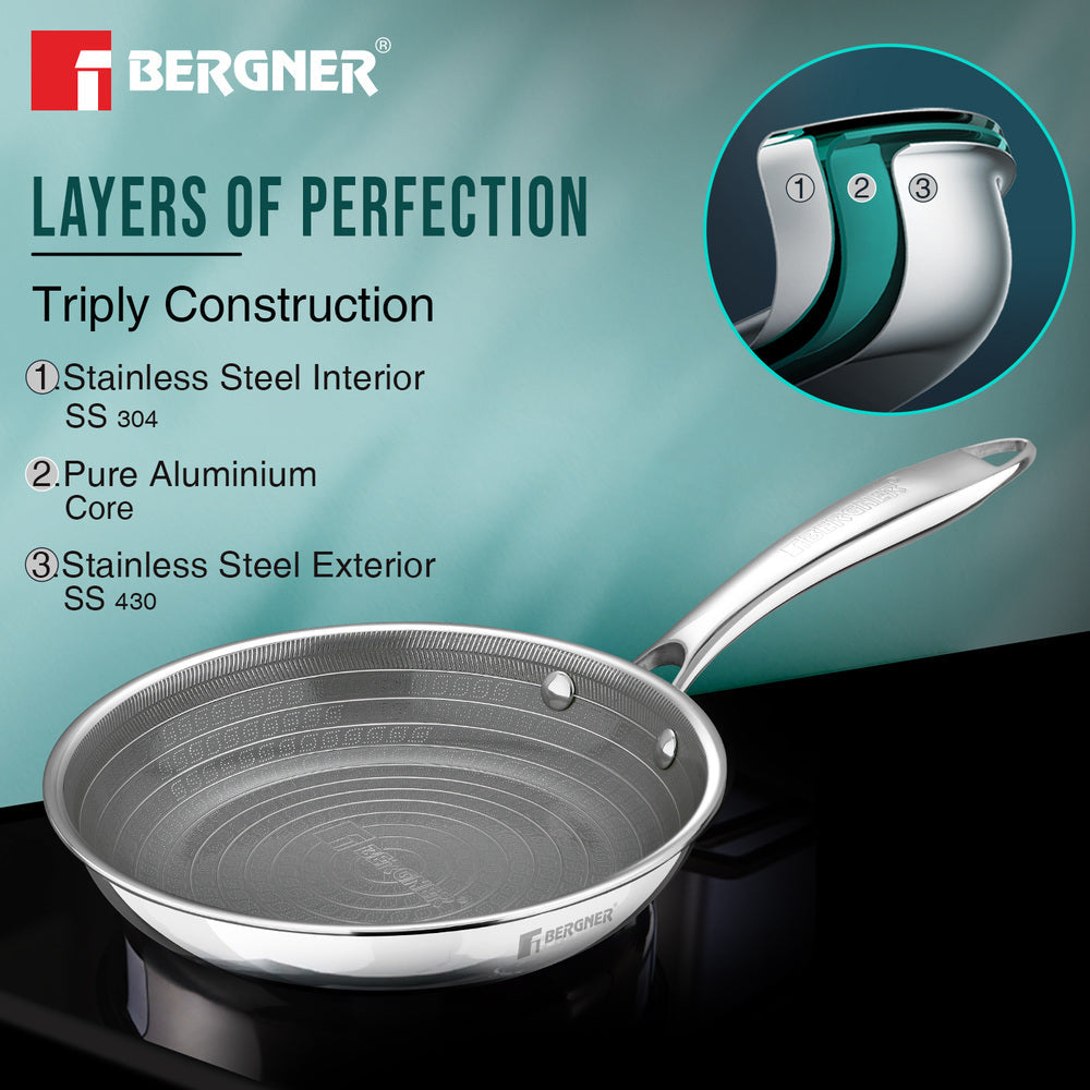 BERGNER Hi-Tech Giro x Triply with Honeycomb Healthy Ceramic Coating 18cm Frypan, Stay Cool Handle, Metal Spatula Safe, PFOA/PTFE/PFAS Free, Healthy Cooking, Pan Protector Included - Induction Bottom