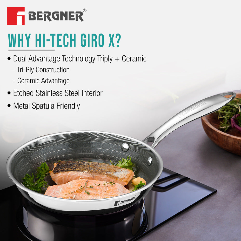BERGNER Hi-Tech Giro x Triply with Honeycomb Healthy Ceramic Coating 18cm Frypan, Stay Cool Handle, Metal Spatula Safe, PFOA/PTFE/PFAS Free, Healthy Cooking, Pan Protector Included - Induction Bottom