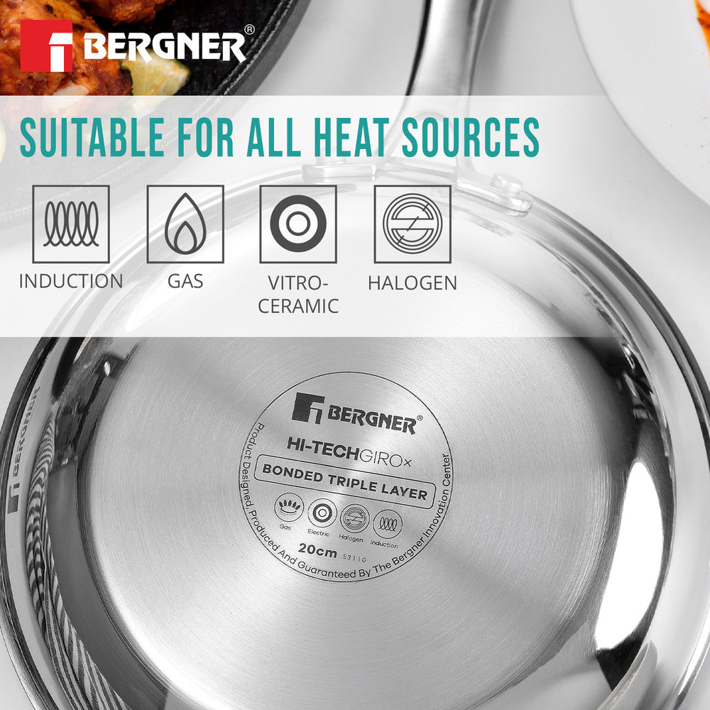 BERGNER Hi-Tech Giro x Triply with Honeycomb Healthy Ceramic Coating 18cm Frypan, Stay Cool Handle, Metal Spatula Safe, PFOA/PTFE/PFAS Free, Healthy Cooking, Pan Protector Included - Induction Bottom