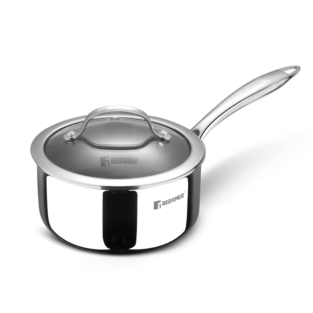 Bergner Hi-Tech Giro x Triply with Honeycomb Healthy Ceramic Coating Saucepan 16cm (1.6 L) with Glass Lid, Stay Cool Handles, PFOA/PTFE/PFAS Free, Pan Protector Included (Induction Bottom)