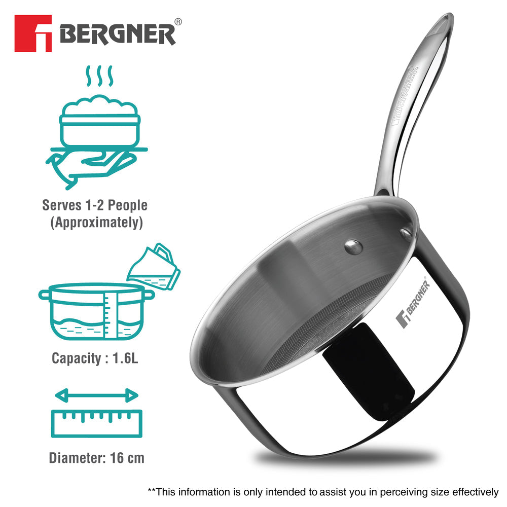 Bergner Hi-Tech Giro x Triply with Honeycomb Healthy Ceramic Coating Saucepan 16cm (1.6 L) with Glass Lid, Stay Cool Handles, PFOA/PTFE/PFAS Free, Pan Protector Included (Induction Bottom)