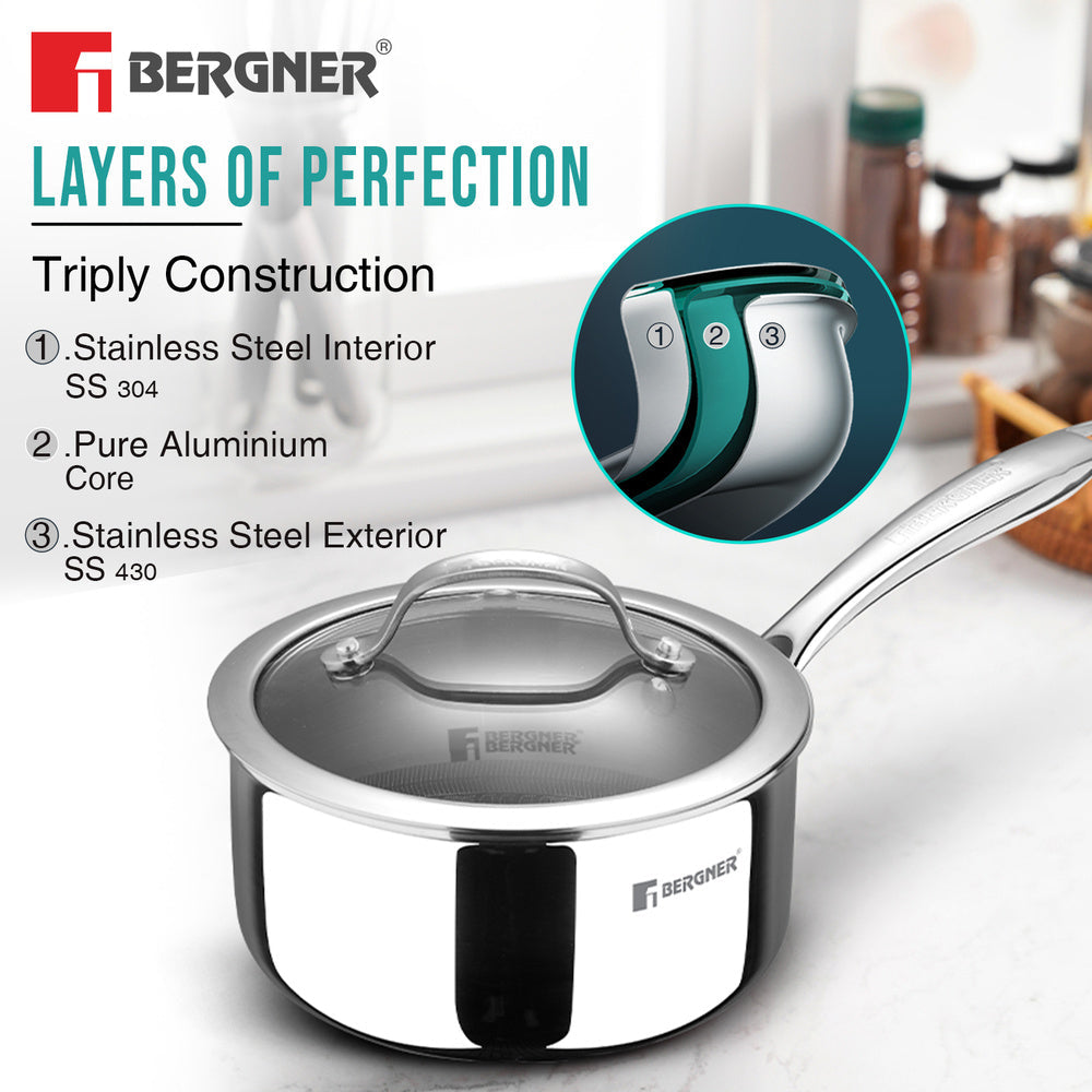 Bergner Hi-Tech Giro x Triply with Honeycomb Healthy Ceramic Coating Saucepan 16cm (1.6 L) with Glass Lid, Stay Cool Handles, PFOA/PTFE/PFAS Free, Pan Protector Included (Induction Bottom)