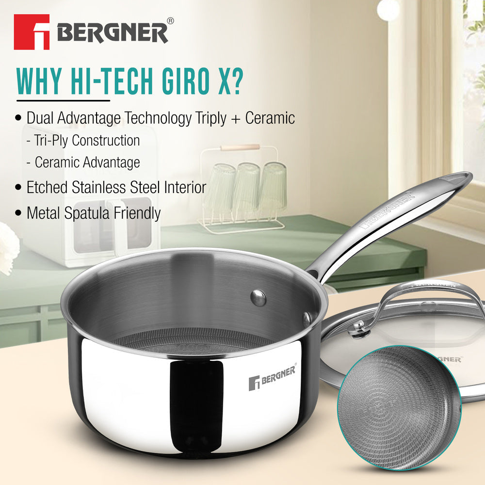 Bergner Hi-Tech Giro x Triply with Honeycomb Healthy Ceramic Coating Saucepan 16cm (1.6 L) with Glass Lid, Stay Cool Handles, PFOA/PTFE/PFAS Free, Pan Protector Included (Induction Bottom)