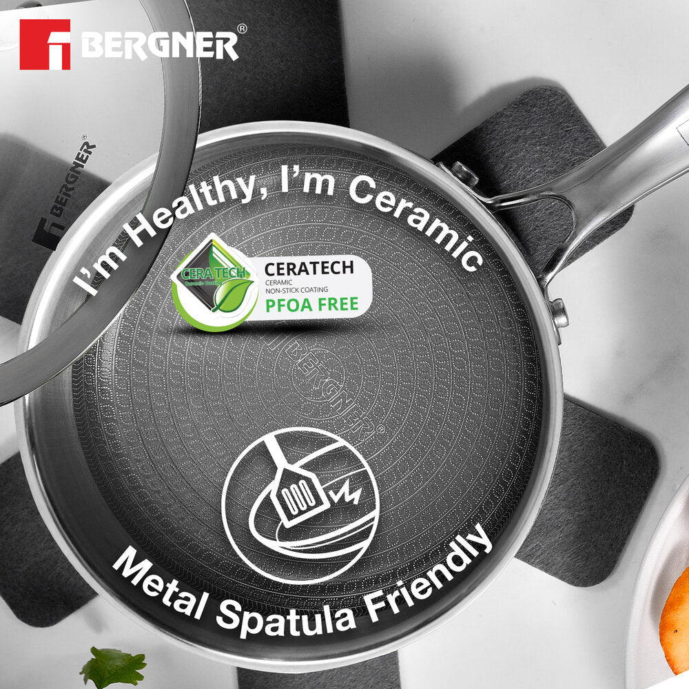 Bergner Hi-Tech Giro x Triply with Honeycomb Healthy Ceramic Coating Saucepan 16cm (1.6 L) with Glass Lid, Stay Cool Handles, PFOA/PTFE/PFAS Free, Pan Protector Included (Induction Bottom)