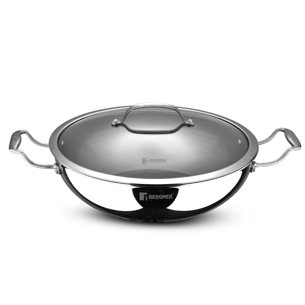 Bergner Hi-Tech Giro X Ceramic 32cm (5.8L) Kadai with Glass Lid, Ceramic Coating, Metal Spatula Safe, PFOA/PTFE/PFAS Free, Healthy Cooking, Stay Cool Handles, Pan Protector Included - Induction Bottom