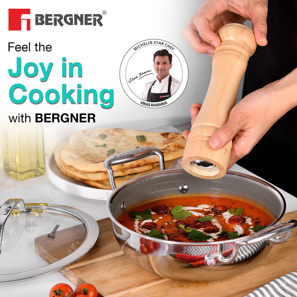 Bergner Hi-Tech Giro X Ceramic 26cm (3.5L) Kadai with Glass Lid, Ceramic Coating, Metal Spatula Safe, PFOA/PTFE/PFAS Free, Healthy Cooking, Stay Cool Handles, Pan Protector Included - Induction Bottom