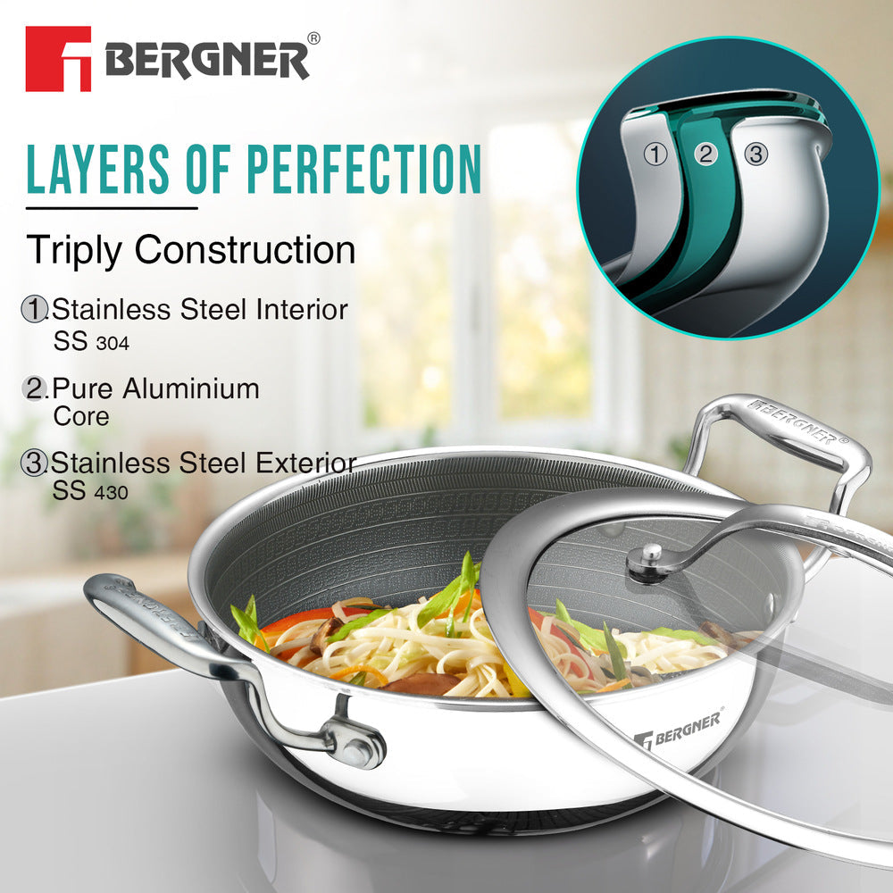 Bergner Hi-Tech Giro X Ceramic 32cm (5.8L) Kadai with Glass Lid, Ceramic Coating, Metal Spatula Safe, PFOA/PTFE/PFAS Free, Healthy Cooking, Stay Cool Handles, Pan Protector Included - Induction Bottom