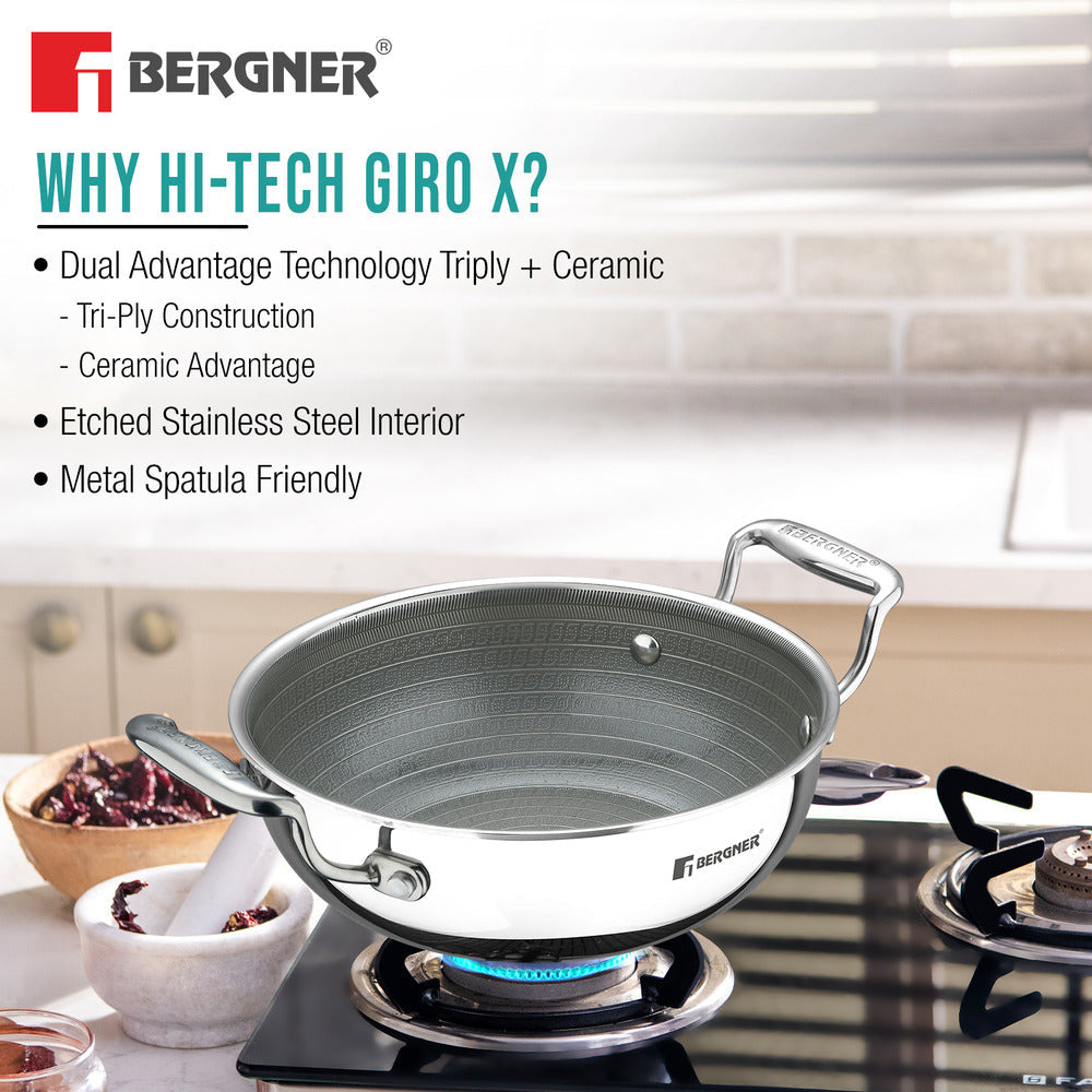 Bergner Hi-Tech Giro X Ceramic 28cm (4.5L) Kadai with Glass Lid, Ceramic Coating, Metal Spatula Safe, PFOA/PTFE/PFAS Free, Healthy Cooking, Stay Cool Handles, Pan Protector Included - Induction Bottom