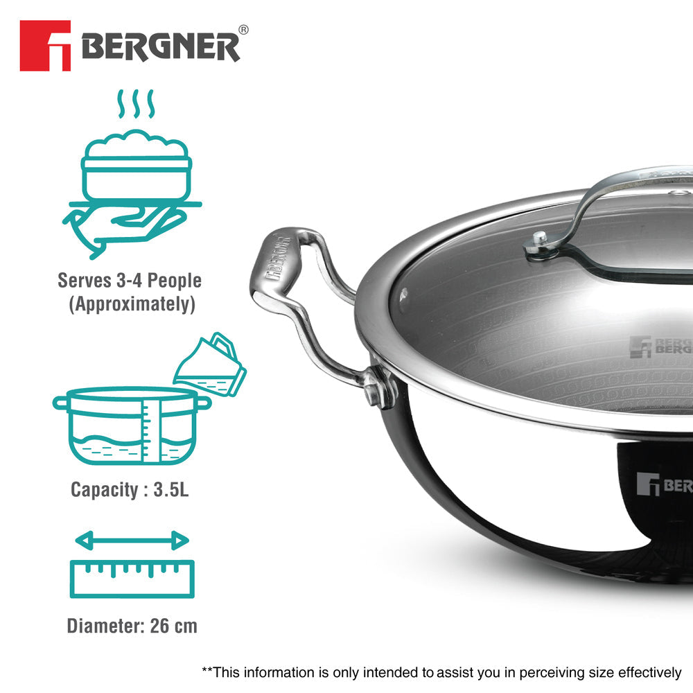 Bergner Hi-Tech Giro X Ceramic 26cm (3.5L) Kadai with Glass Lid, Ceramic Coating, Metal Spatula Safe, PFOA/PTFE/PFAS Free, Healthy Cooking, Stay Cool Handles, Pan Protector Included - Induction Bottom