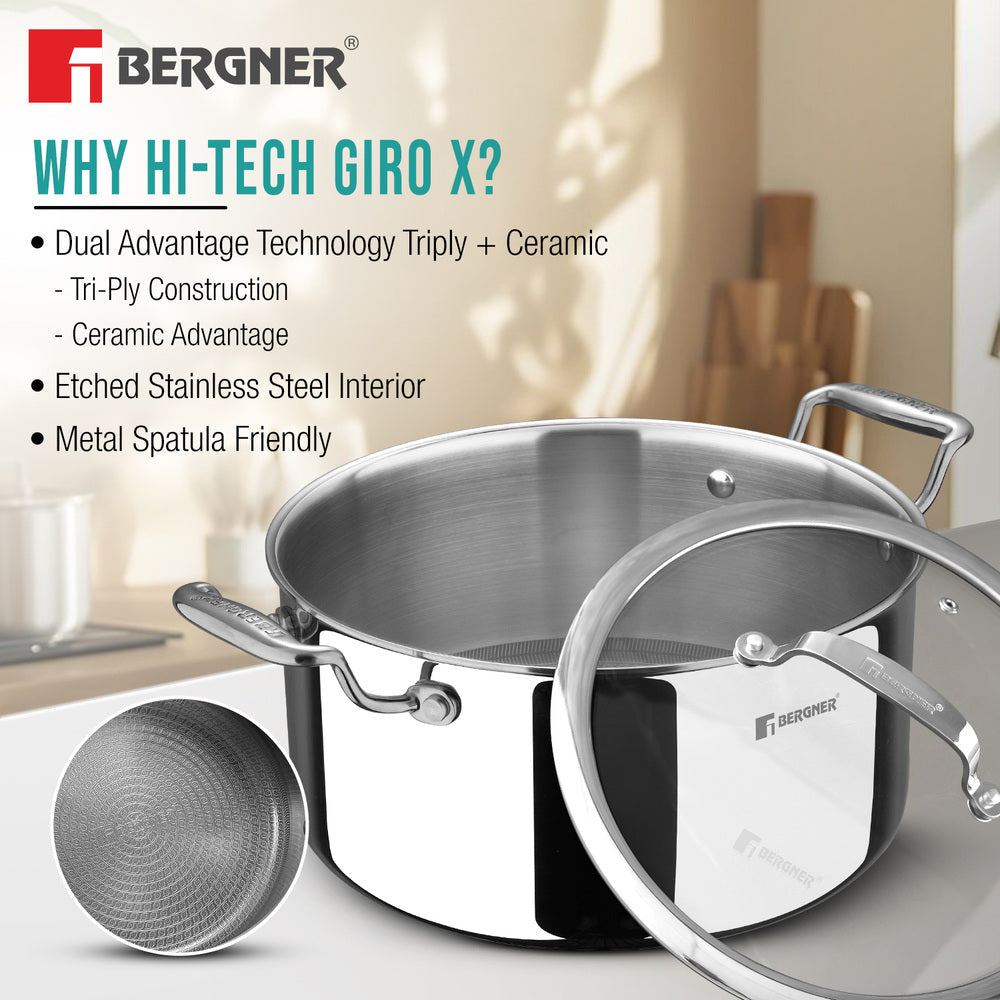 Bergner Hi-Tech Giro X Ceramic 28cm (8.2 L) Casserole with Glass Lid, Ceramic Coating, Metal Spatula Safe, PFOA/PTFE/PFAS Free, Less Oil Use, Healthy Cooking, Pan Protector Included - Induction Bottom