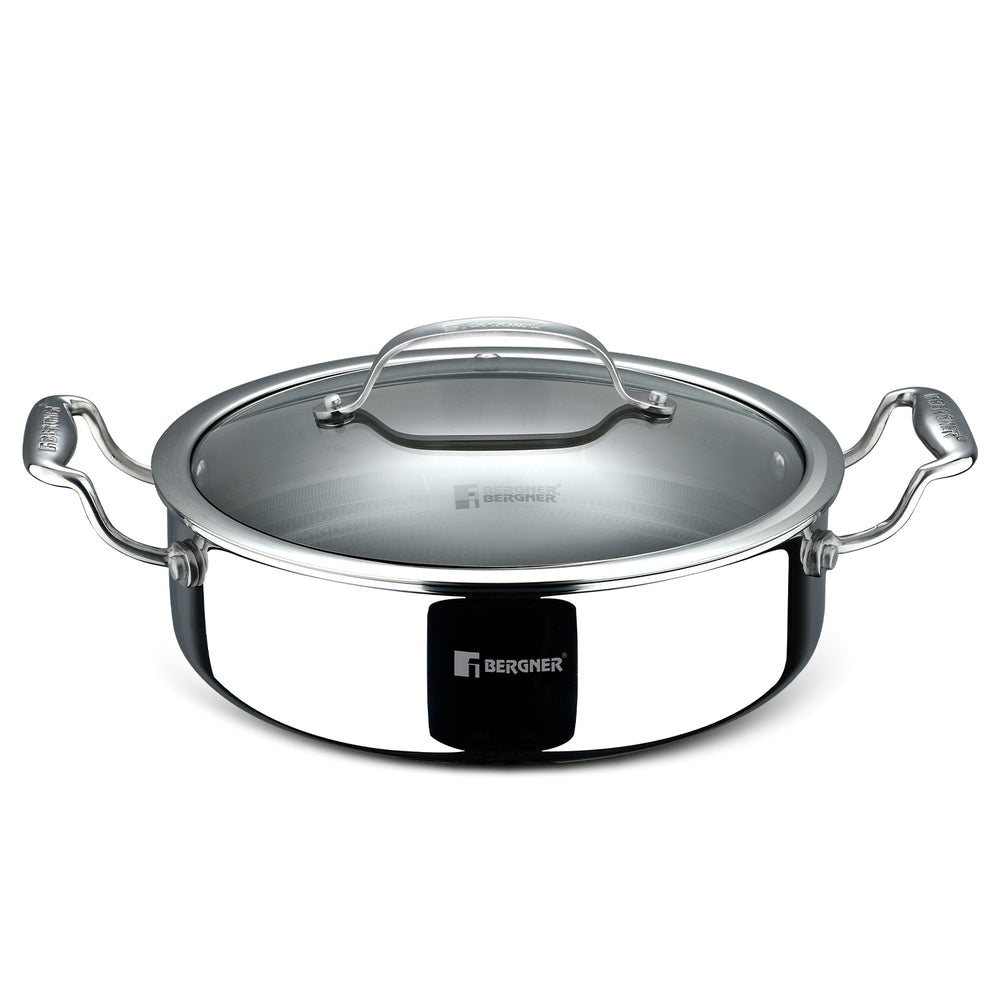 BERGNER Hi-Tech Giro x Triply with Honeycomb Healthy Ceramic Coating Serving Pan 28cm (5.7 L) with Lid, Metal Spatula Safe, PFOA/PTFE/PFAS Free, Non Toxic, Pan Protector Included - Induction Bottom