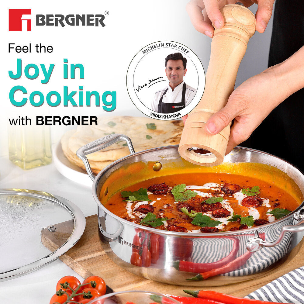 BERGNER Hi-Tech Giro x Triply with Honeycomb Healthy Ceramic Coating Serving Pan 24cm (3.3 L) with Lid, Metal Spatula Safe, PFOA/PTFE/PFAS Free, Non Toxic, Pan Protector Included - Induction Bottom