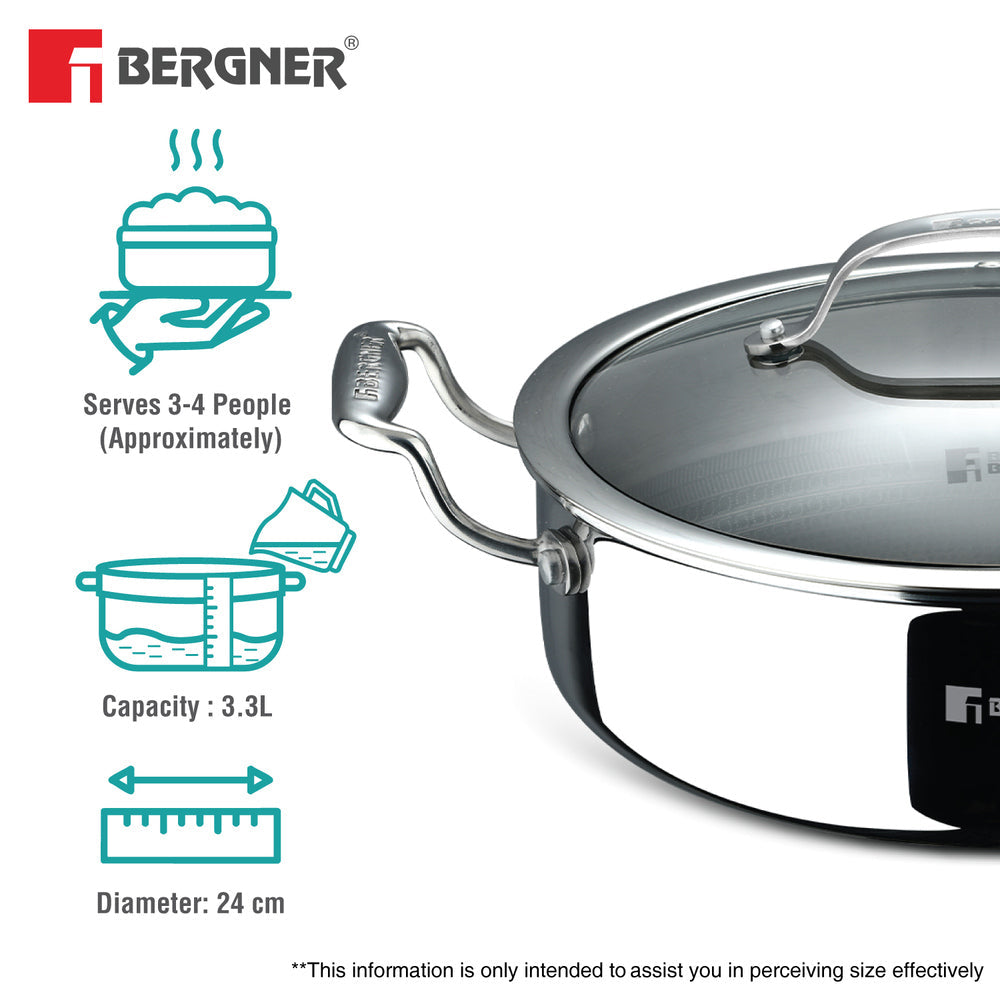 BERGNER Hi-Tech Giro x Triply with Honeycomb Healthy Ceramic Coating Serving Pan 24cm (3.3 L) with Lid, Metal Spatula Safe, PFOA/PTFE/PFAS Free, Non Toxic, Pan Protector Included - Induction Bottom