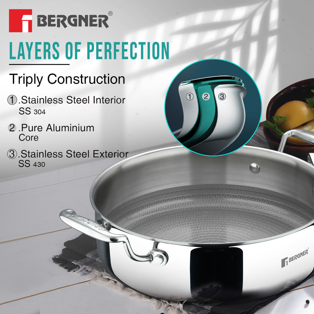 BERGNER Hi-Tech Giro x Triply with Honeycomb Healthy Ceramic Coating Serving Pan 24cm (3.3 L) with Lid, Metal Spatula Safe, PFOA/PTFE/PFAS Free, Non Toxic, Pan Protector Included - Induction Bottom