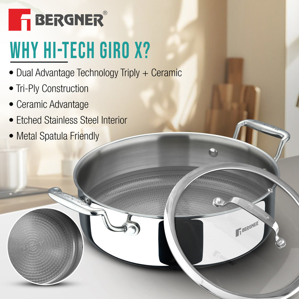 BERGNER Hi-Tech Giro x Triply with Honeycomb Healthy Ceramic Coating Serving Pan 28cm (5.7 L) with Lid, Metal Spatula Safe, PFOA/PTFE/PFAS Free, Non Toxic, Pan Protector Included - Induction Bottom