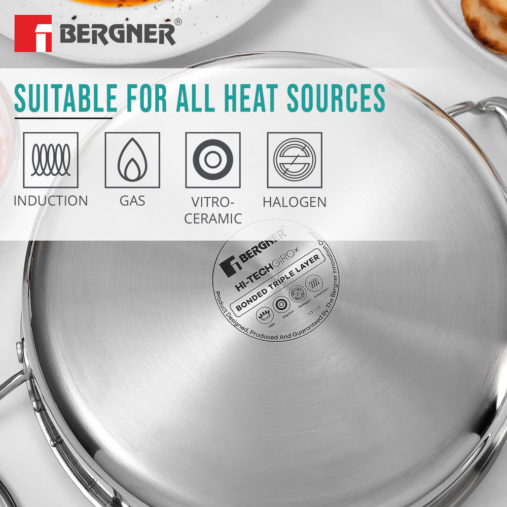 BERGNER Hi-Tech Giro x Triply with Honeycomb Healthy Ceramic Coating Serving Pan 28cm (5.7 L) with Lid, Metal Spatula Safe, PFOA/PTFE/PFAS Free, Non Toxic, Pan Protector Included - Induction Bottom