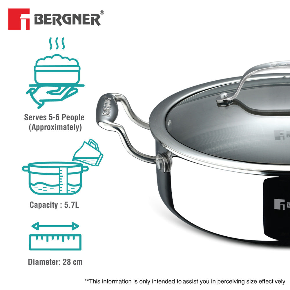 BERGNER Hi-Tech Giro x Triply with Honeycomb Healthy Ceramic Coating Serving Pan 28cm (5.7 L) with Lid, Metal Spatula Safe, PFOA/PTFE/PFAS Free, Non Toxic, Pan Protector Included - Induction Bottom