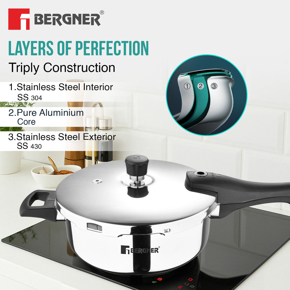 Bergner 3.5L Argent Elements Tri-Ply Stainless Steel Outer Lid Pressure Pan, Tri-Ply Induction Bottom