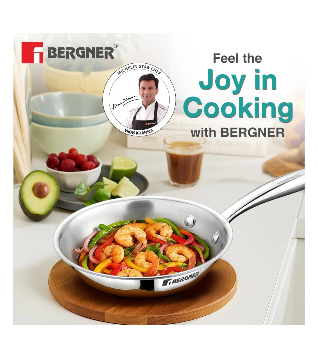 BERGNER Argent Junior Chef TriPly Stainless Steel 18cm (800ml) Fryapn, Mini Frying Pan, Sturdy and Durable, Less Oil Use, Healthy Cooking, Non-Toxic, Easy to Clean - Induction and Gas Stove Ready